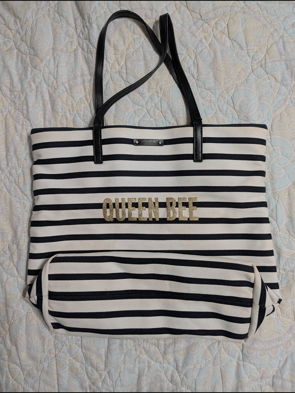 kate spade Black and White Striped Tote with Gold 'QUEEN BEE' Logo
